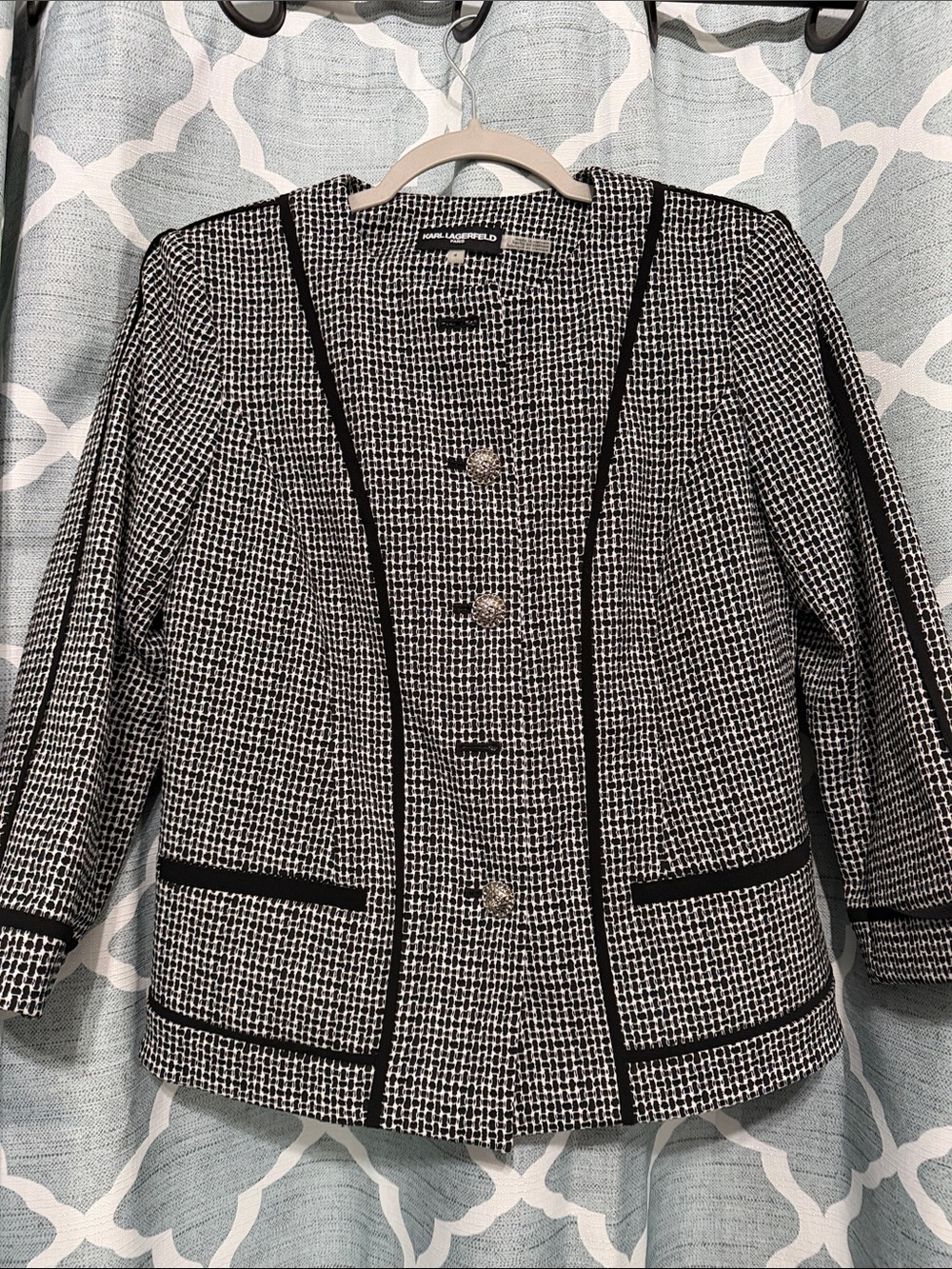Karl Lagerfeld Black and White Tweed Collarless Blazer